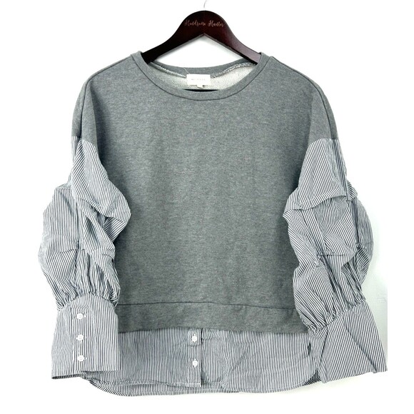 Mello Day Women Sweatshirt Heather Gray Striped Top Pleated Ruched Sz L 1167T1 - Picture 4 of 12